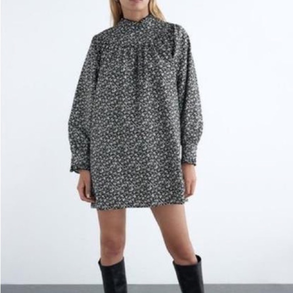 Zara Poplin Black and White Floral Long Sleeve High Neck Collard Dress NWOT